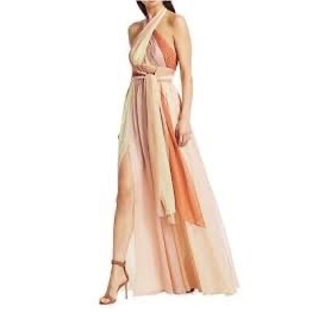Cinq à Sept Eileen Silk Georgette Colorblock Halter Gown Pink Peach Size 2